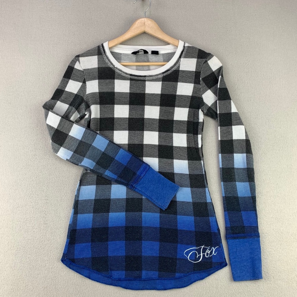 Y2K Fox Racing Thermal Waffle Knit Top Womens S Blue Ombre Plaid Long Sleeve